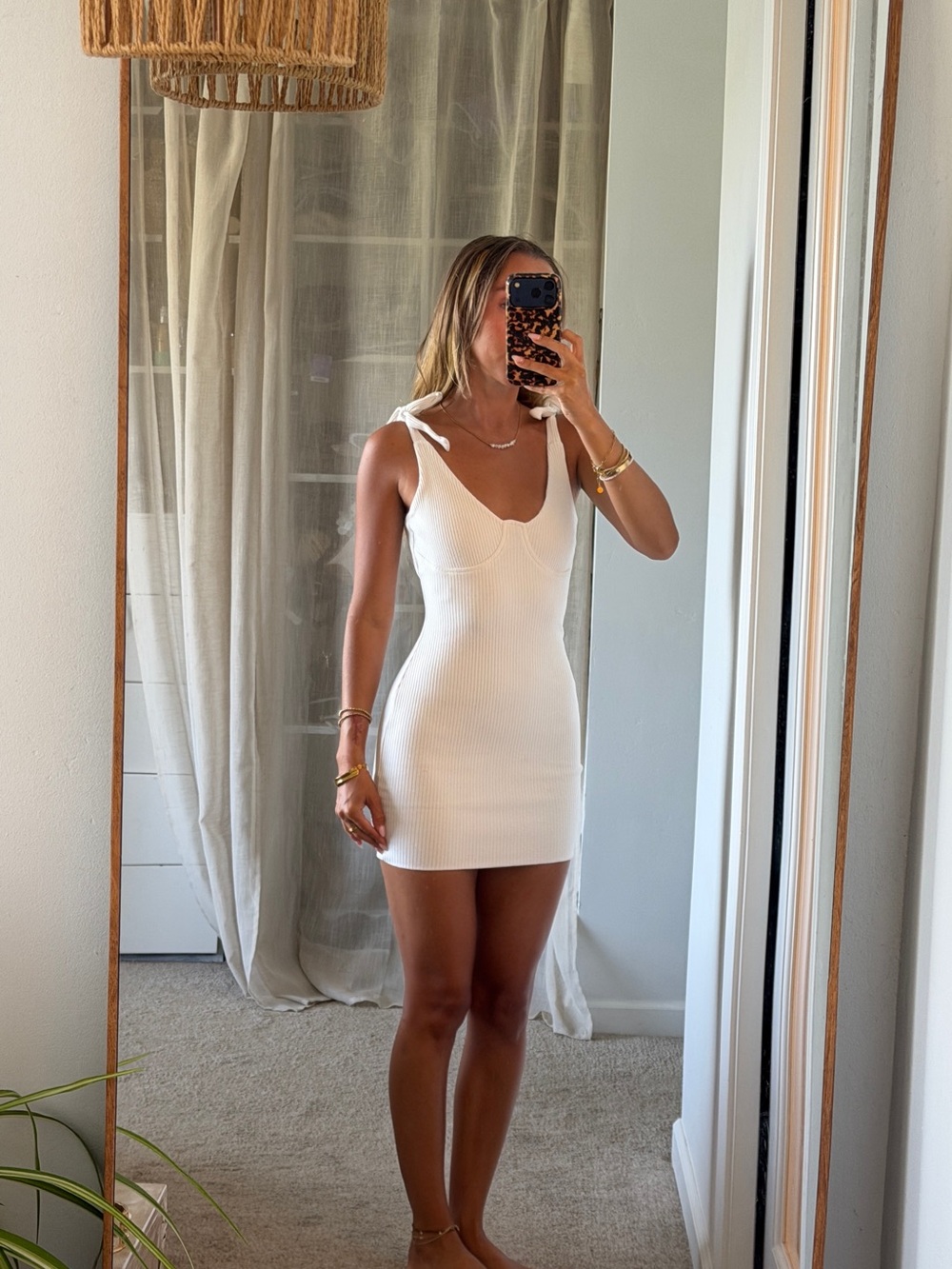 Beginning Boutique White Ribbed Tie-Shoulder Bodycon Mini Dress